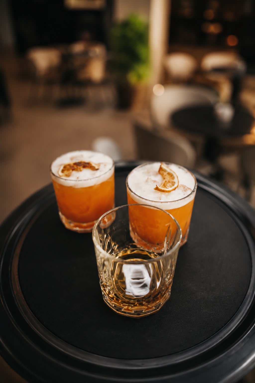 Cocktails and whisky served on a dark tray